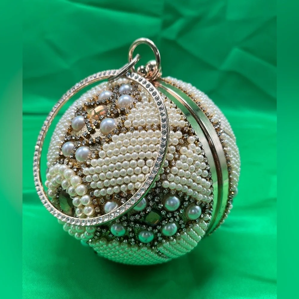 Unique Round beaded: Evening Clutch, wedding wristlet with long gold chain